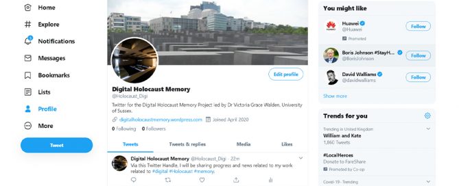 Screenshot of the Digital Holocaust Memory Twitter profile. The profile bio mentions that it shares updates on the Digital Holocaust Memory Project led by Dr. Victoria Grace Walden, University of Sussex. The handle is @Holocaust_Digi. The page shows a single tweet introducing the purpose of the account, with zero followers and no following.