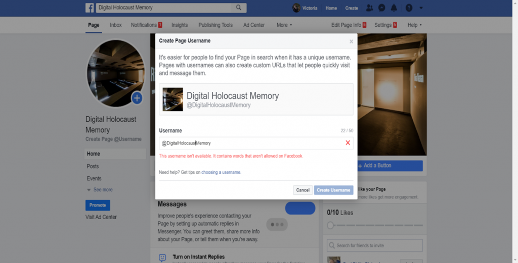 A print screen of Facebook on a web browser. Red text prohibits the username "Digital Holocaust Memory" in a pop up box