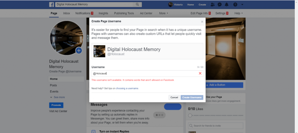 A print screen of Facebook on a web browser. Red text prohibits the use of the word "Holocaust" in the username in a pop up box