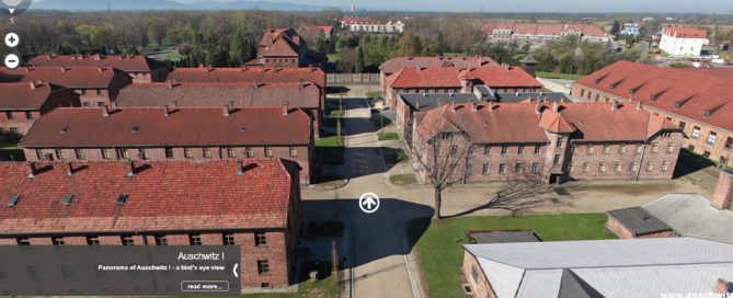 Screenshot of the virtual tour of Auschwitz State Museum. Birdseye view over the blocks in Auschwitz I