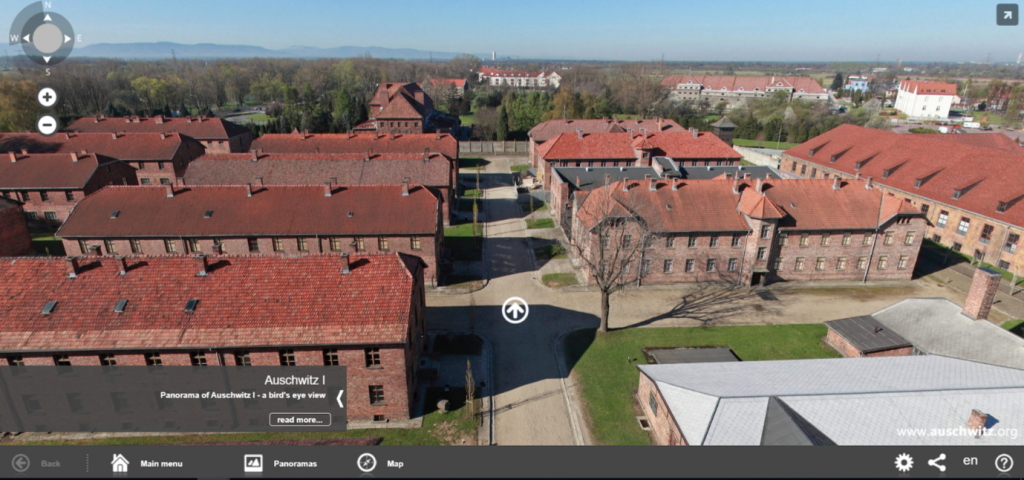 Screenshot of the virtual tour of Auschwitz State Museum. Birdseye view over the blocks in Auschwitz I 