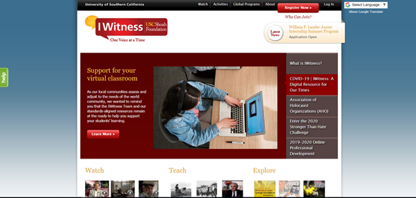 IWitness website homepage with menu tab options. Generic image of a student working on a laptop.