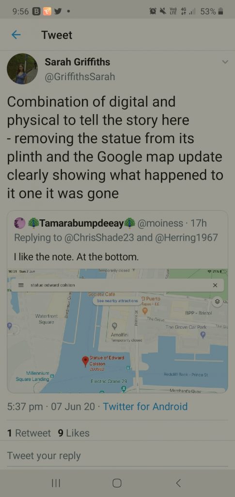 Print screen of a tweet in a mobile browser replying to another tweet displaying the pin for the statue on google maps 