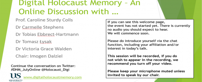 Presentation title screen: Digital Holocaust Memory: An Online Discussion