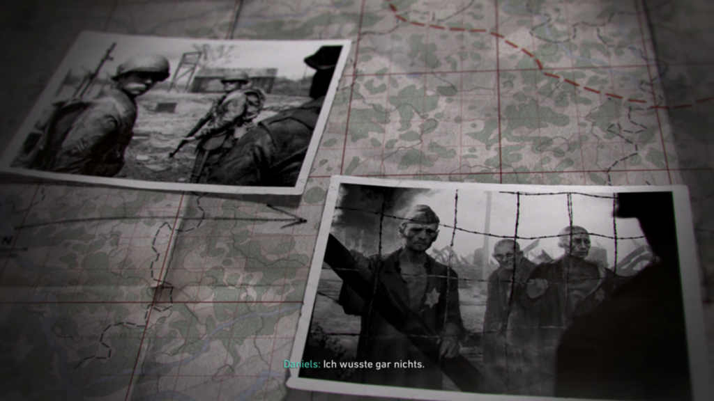 Gameplay image: a dimly-lit territory map has blakc and white photographs of prisoners overlaid. 