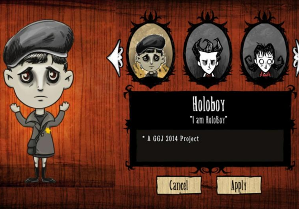 Character screen of a game. Cartoonlike image of a boy in a grey coat and jacket with a yellow star. His face looks gaunt. A box next to him says 'Holoboy. I am HoloBoy'.