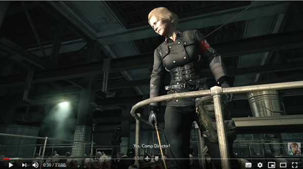 Gameplay. A female Nazi officer in uniform looks from above over prisoners in the distance. Text reads: Yes, Camp Director.