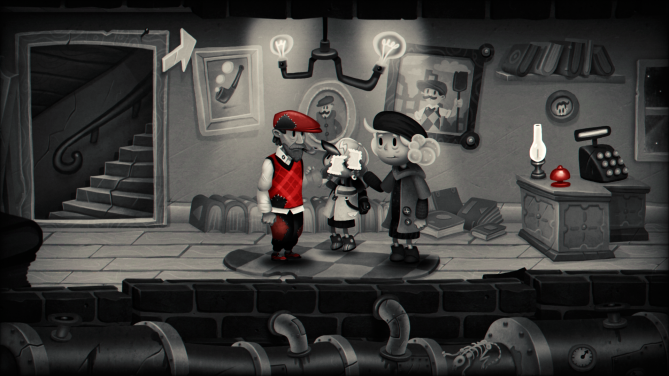 Game footage. Cartoonish illustration of a young boy with man and women in a shop. They are holding pieces of paper.