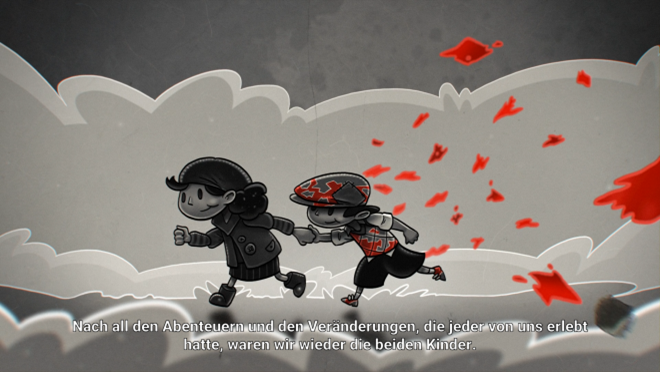 Gameplay - cartoonish image. Girl runs holding boy's hand behind her. Red splatters spread across the screen. Text reads: Nach all den Abenteuern und den Beranderungen, die jeder von uns erlebt hatte, waren wir wieder die beiden Kinder.