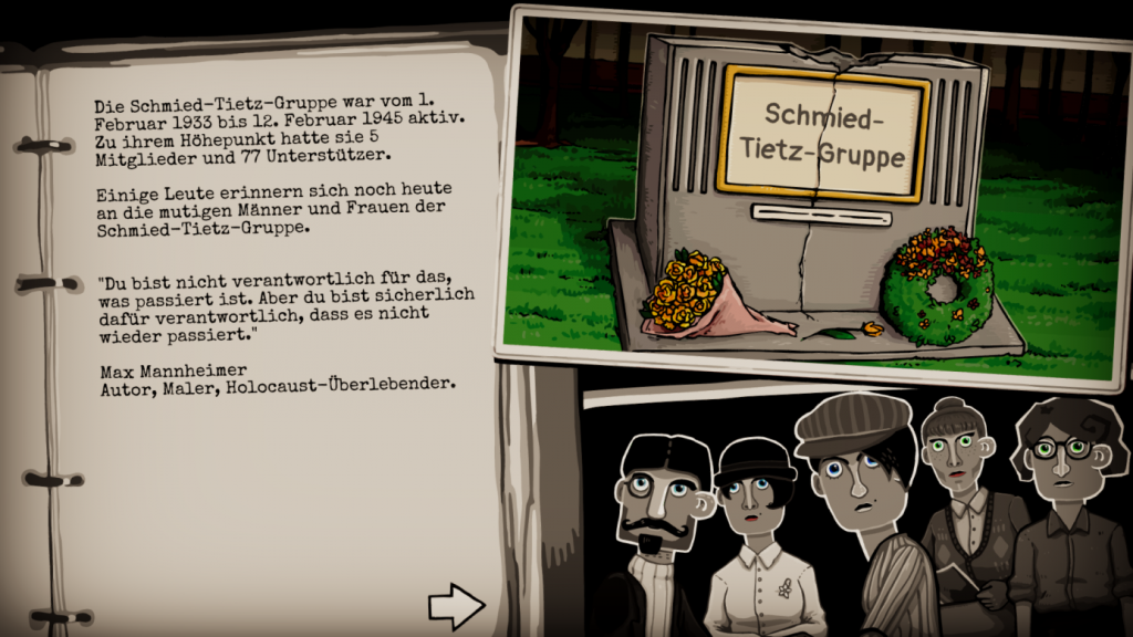 Gameplay. Cartoonish illustration of a notebook and photographs: 1 of a gravestone and another of five people.