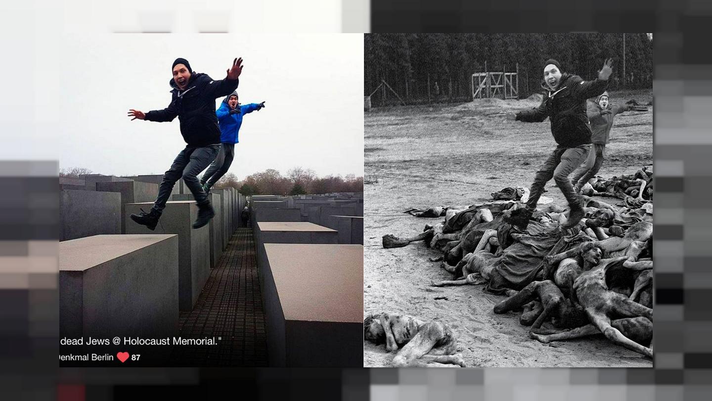 Composite images: on left side young people being silly at the Berlin memorial to the murdered Jewish of Europe. On the right, their photo superimposed onto historical images of corposes.