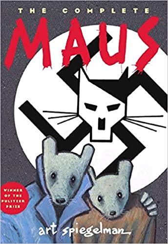 The cover for the graphic novel 'The Complete Maus'. Two mice dressed in coats stand in front of a swastika with a Hitler-like cat in the centre.