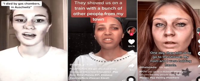 Three screenshots of young girls play acting as the ghosts of dead Holocaust victims on TikTok.