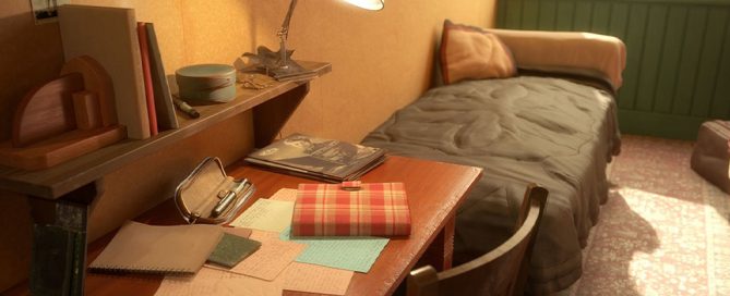 A animated image of a child's bedroom. A bed in background. Desk in foreground with a diary on.