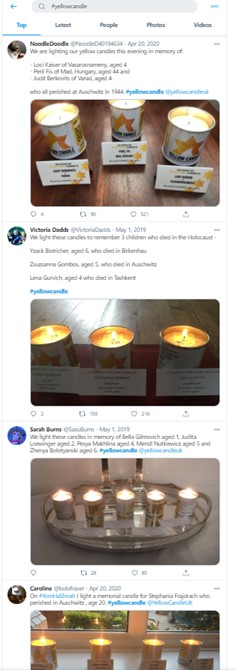 A twitter feed showing several images of lit yellow candles.