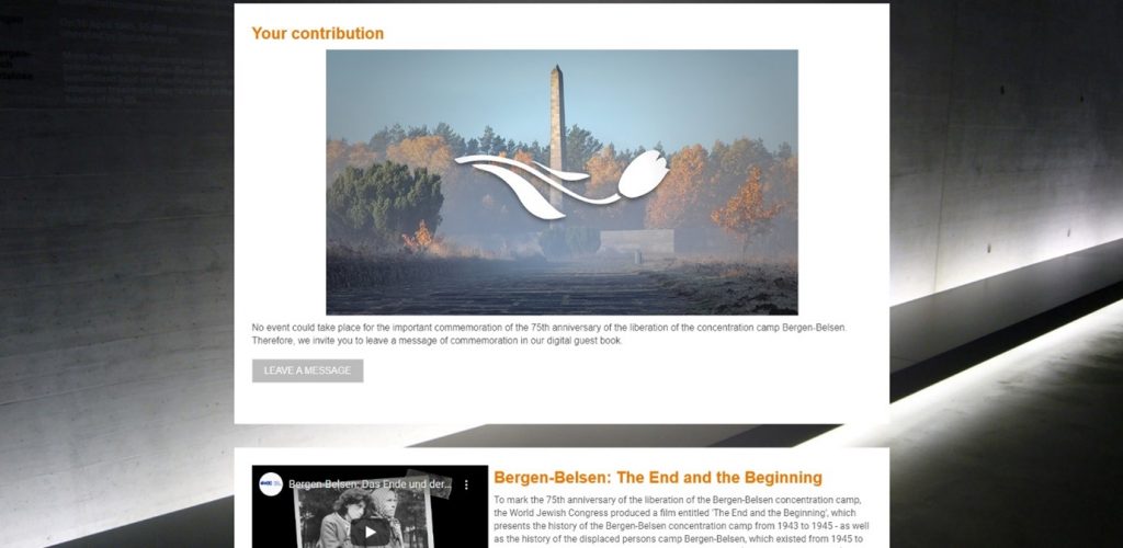 A screenshot of a webpage including an image of a memorial and a button to 'Leave a Message'.