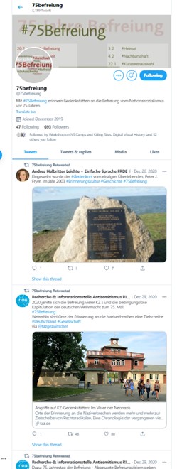 Twitter feed of different posts using the hashtag 75Befreiung.