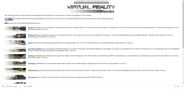 A screenshot listing a number of QuickTime 360 videos of concentration camp sites. 
