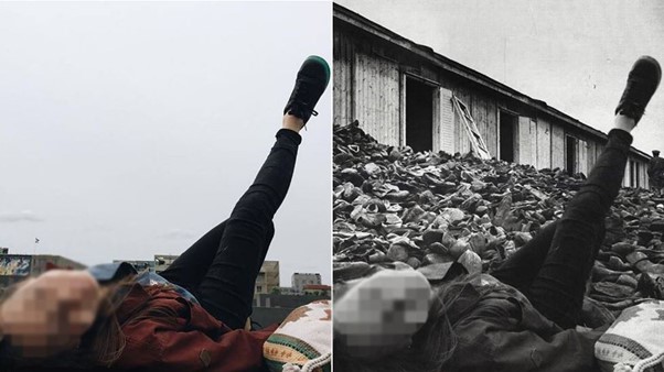 A composite image showing a leg of someone posing at the Berlin memorial to the murdered Jews of Europe combined with items of clothing piled outside of a hut in a historical image.