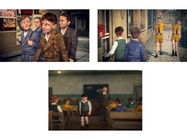 Three screenshots from the app: (1) young boys walking down the road together, (2) two boys are accosted by others in Hitler Youth uniforms. (3) A boy is sent out of his classroom.