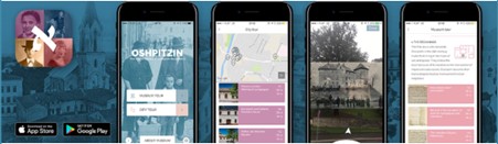 Screenshots of a mobile app showing augmented photographs over places in a town with map views.