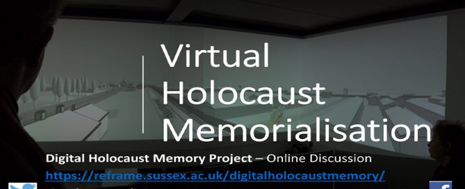 A 3-D reconstruction of a concentration camp with the text 'Virtual Holocaust Memorialisation'.