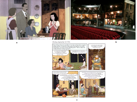 A collage of mediations of Anne Frank in anime form, as a playset in a theatre, and in graphic novel form.