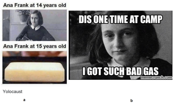 Internet Memes. Left: Image of Anne Frank. Text reads: Ana Frank at 14 years old. Beneath this: photo of a bar of soap. Text reads: Ana Frank at 15 years old. Right image: close up of Anne Frank's face. Text reads: Dis one time at camp, I got such bad gas.