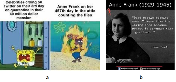 Internet Memes. Left side: cartoon characters - the first is wailing. Text above says: celebrities crying on Twitter on their 3rd day on quarantine in their 40 million dollar mansion. Second image - a character walking with a heavy backpack despite being on fire. Text reads: Anne Frank on her 457th day in the attic counting the flies. Right image: Photo of Anne Frank. Text: Anne Frank (1929-1945). Quotation: Dead people receive more flowers than the living ones because regret is stronger than gratitude'. - Anne Frank.