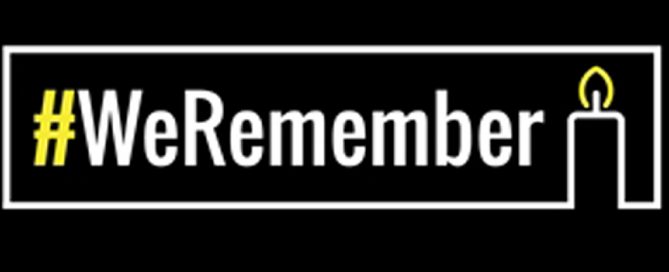 The image displays the "#WeRemember" logo on a black background. The hashtag is written in white text with a yellow hashtag symbol, and the word "Remember" is in bold, making it prominent. On the right side, there's an outline of a candle with a yellow flame, symbolizing remembrance. The overall design is simple yet impactful, conveying a solemn and respectful message of remembrance.