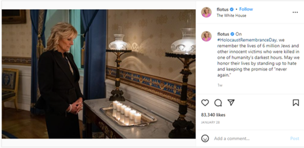 Instagram screenshot: flotus. A woman with mid-length blonde hair in formal dress looks at a row of candles on a silver tray.