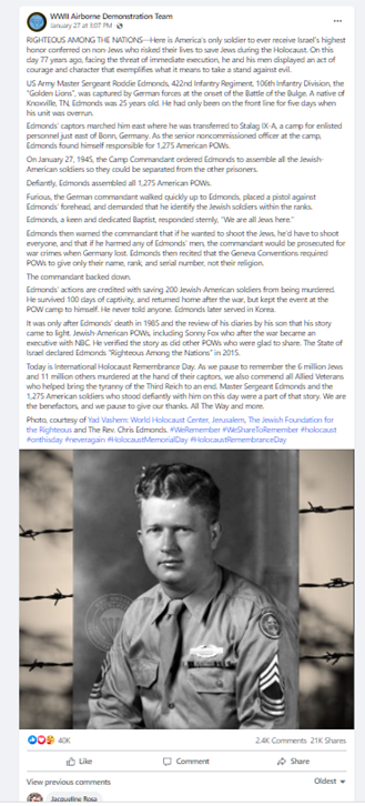 Facebook post: Account - WII Airbourne Demonstration. Long text. Image: Sepia barbed wire background. Superimposed photograph of an army man on top of it.