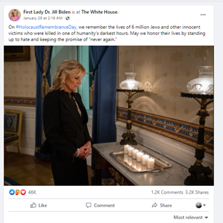 Facebook account of First Lady Dr Jill Biden. Image - she is looking at a row of candles on a silver tray.