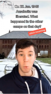 Screenshot from TikTok of a young man standing in front of a brick building and snow. Text says: 'On 27 Jan 1945 Auschwitz was liberated. What happened in the other camps on that day? Stitch incoming.