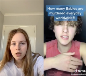 On the left: a blonde haired girl looks shock. On the right a young boy with fluffy hair and a tank top is speaking. Text over him says: How many babies are murdered everyday worldwide?