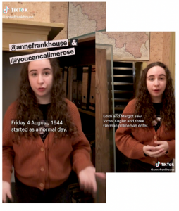 A TikTok screenshot - text says: At Anne Frank House and At You Call Me Rose. Friday 4 August 1944 started as a normal day. A young girl with long brown hair and orange cardigan stands in front of a hidden staircase and map.