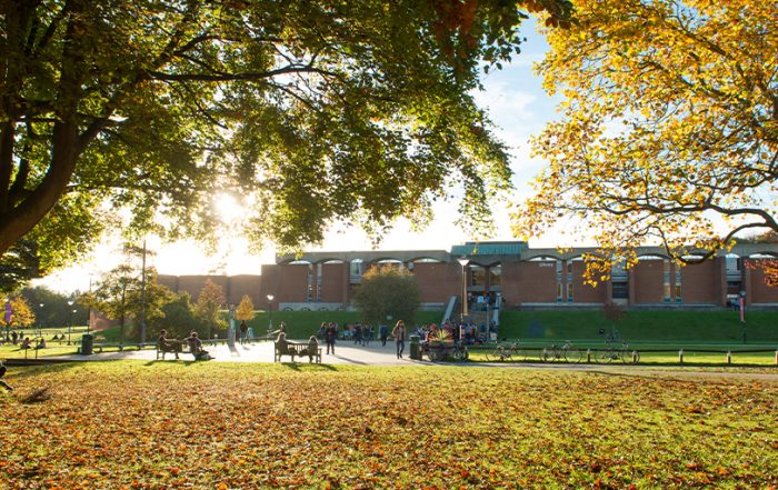 A university library surrounded by an autumnal scene.