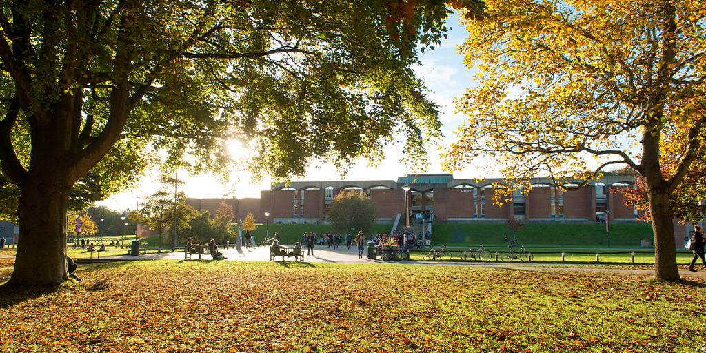 A university library surrounded by an autumnal scene.