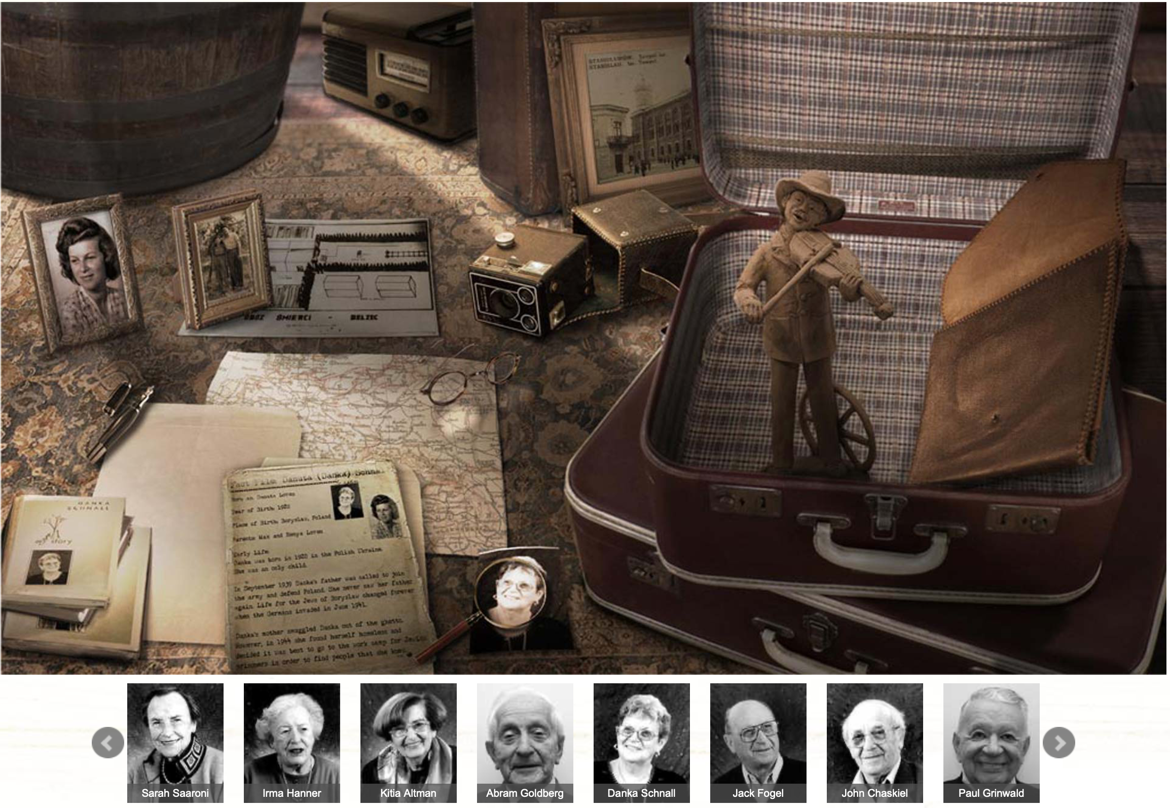 A sepia montage of objects: a suitcase, letters, map and photographs. Behind it, black and white profile images of elderly Holocaust survivors.