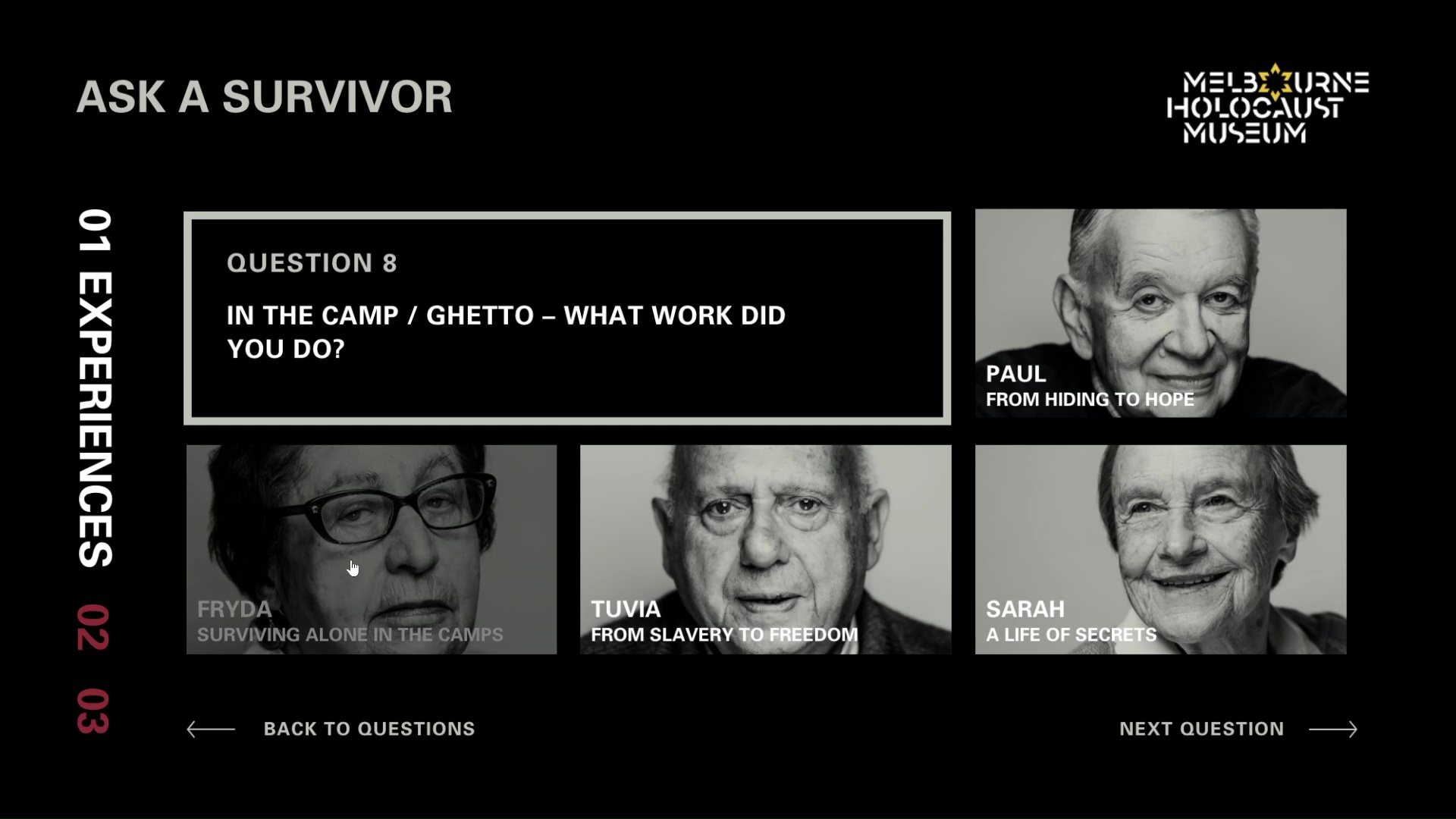 A screenshot showing the question 'In the camp or ghetto, what work did you do?' It is surrounded by photographs of different Holocaust survivors the user can select to answer.