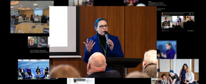 This image shows a central focus on a speaker in a blue jacket presenting at a podium, surrounded by a collage of smaller images, including group discussions, panels, online meetings, and collaborative activities.