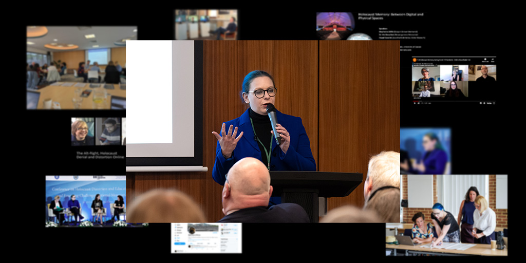 This image shows a central focus on a speaker in a blue jacket presenting at a podium, surrounded by a collage of smaller images, including group discussions, panels, online meetings, and collaborative activities.