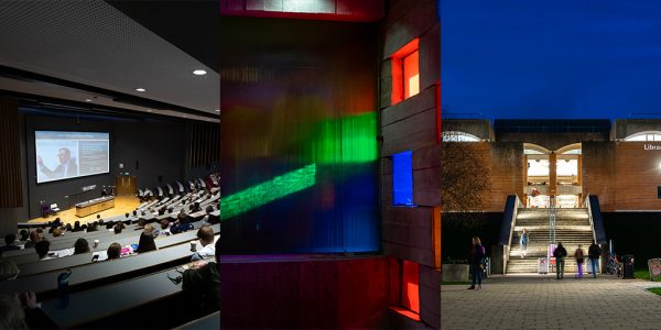 Close-ups of learning spaces: a lecture theatre, a primary coloured meeting space, and a library.