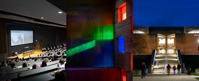 Close-ups of learning spaces: a lecture theatre, a primary coloured meeting space, and a library.