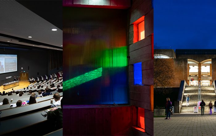 Close-ups of learning spaces: a lecture theatre, a primary coloured meeting space, and a library.