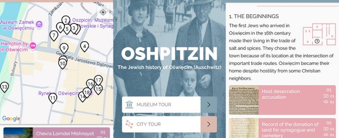 Composite screenshot of the Oshpitzin app: a city tour map with numbered locations (left), the home screen with a vintage photo and tour options (center), and a museum tour page with historical text and interactive elements (right).