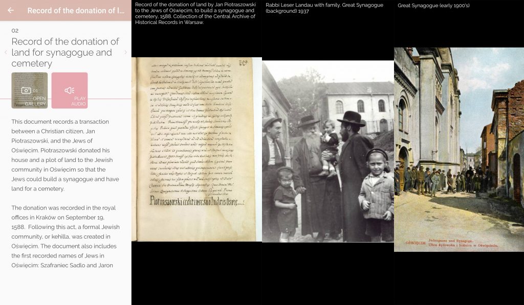 Collage about the record of land donation for a synagogue and cemetery in Oświęcim. The left panel shows text about the 1588 transaction and options to open a gallery or play audio. The center and right panels feature images: a manuscript of the donation record, a 1937 photo of Rabbi Leser Landau with family near the Great Synagogue, and a colorized early 1900s photo of the synagogue with people gathered outside.